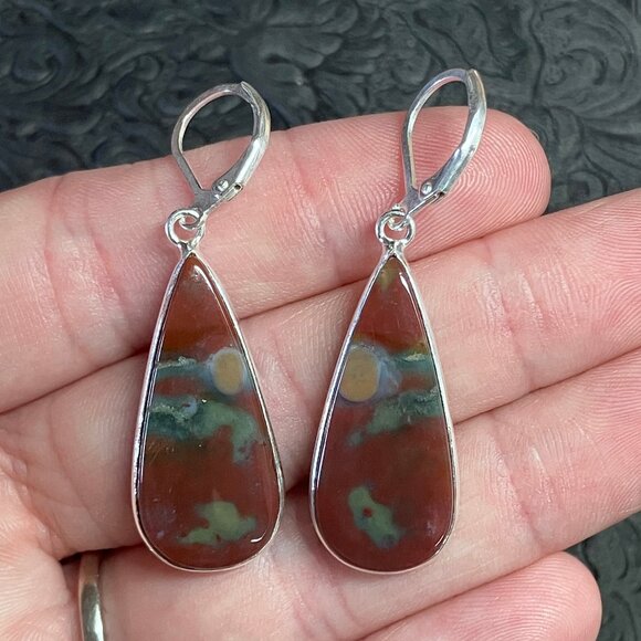 Unique Sunset Scene Heliotrope Bloodstone Earrings Crystal Gemstone Jewelry - Picture 5 of 6